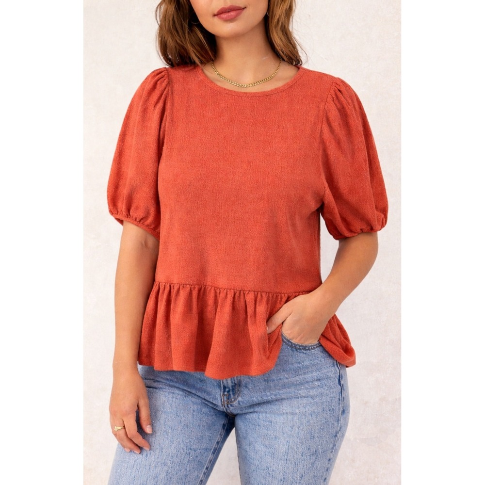 Banana Republic Puff Sleeve Peplum Top Womens Small Burnt Orange Boho Chic